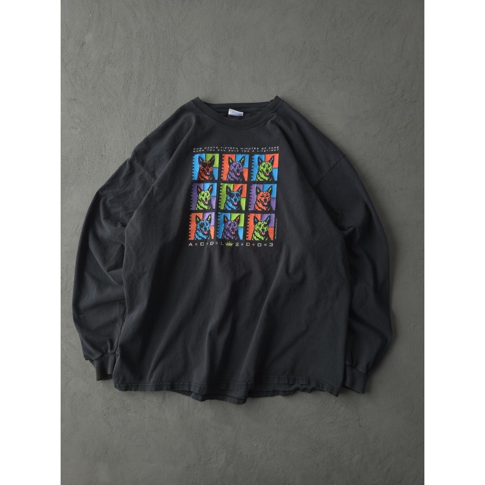 Vintage 2000s Dog Pop Art T-shirt Hanes Black Long Sleeve Faded Cotton 2XL